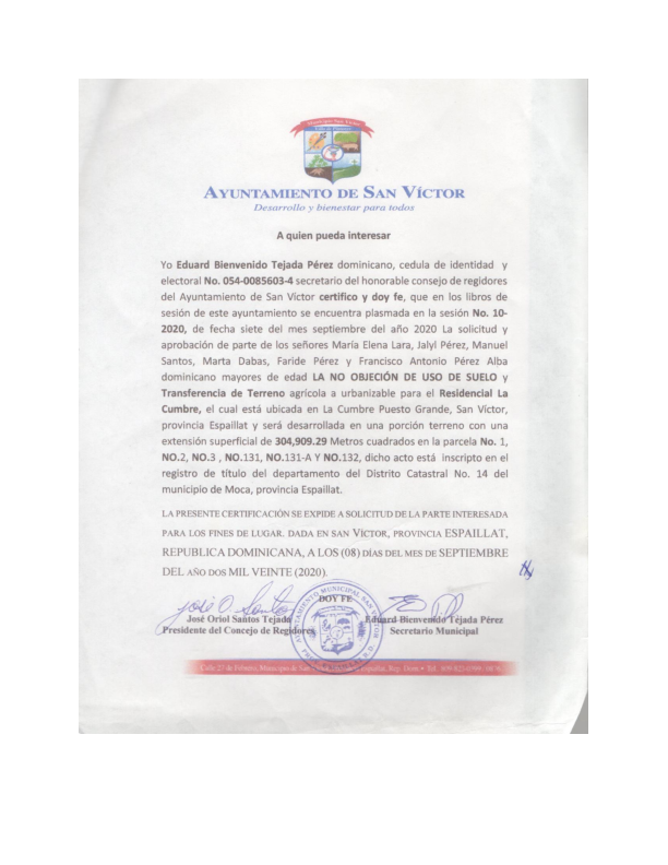 Carta no Objecion Ayuntamiento Ministerio de Medio Ambiente y