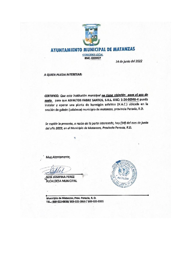 Carta no Objecion Ayuntamiento Matanzas Ministerio de Medio Ambiente